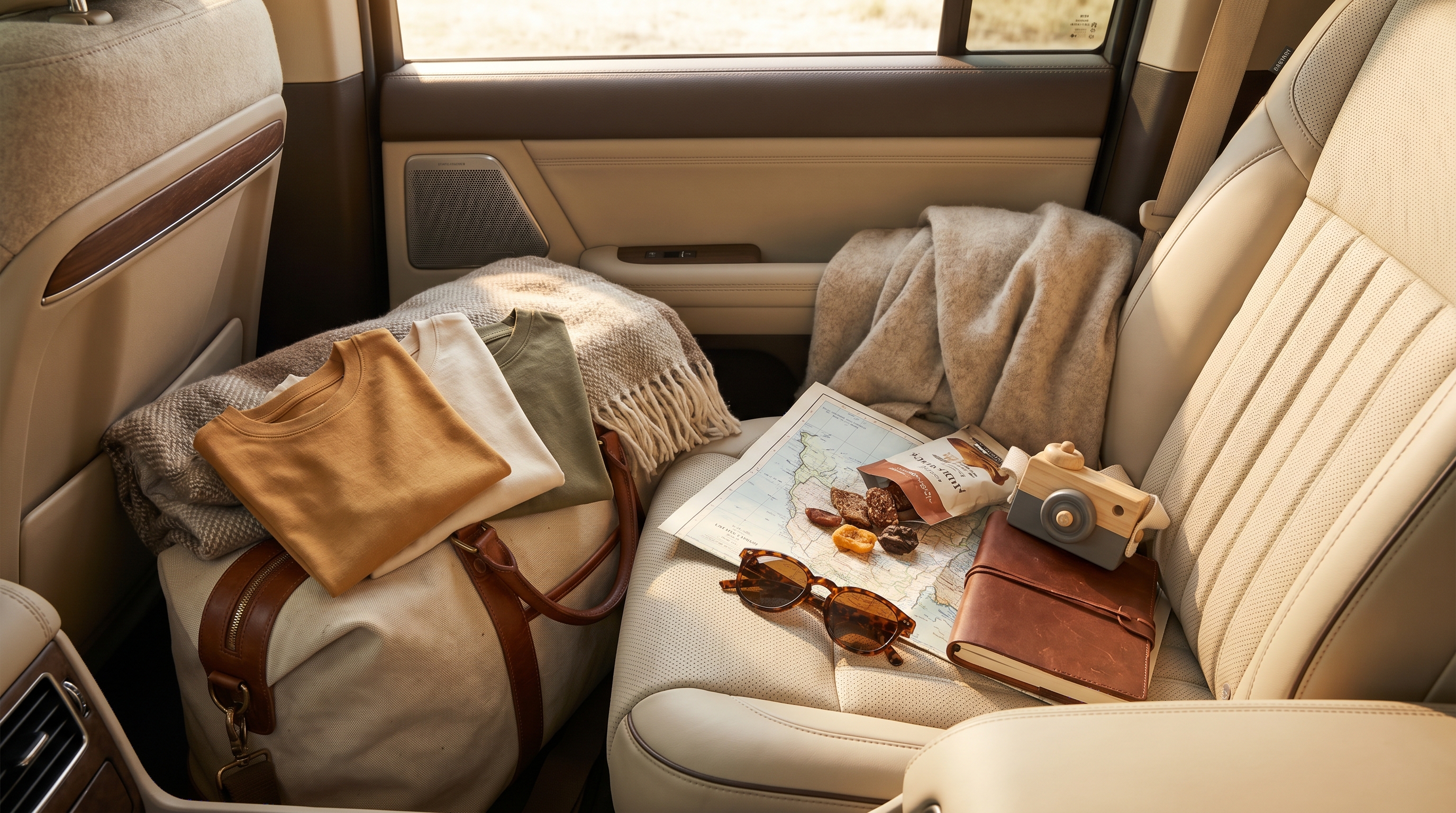 Premium family road trip scene with toddler travel items, soft clothing, and warm lifestyle details