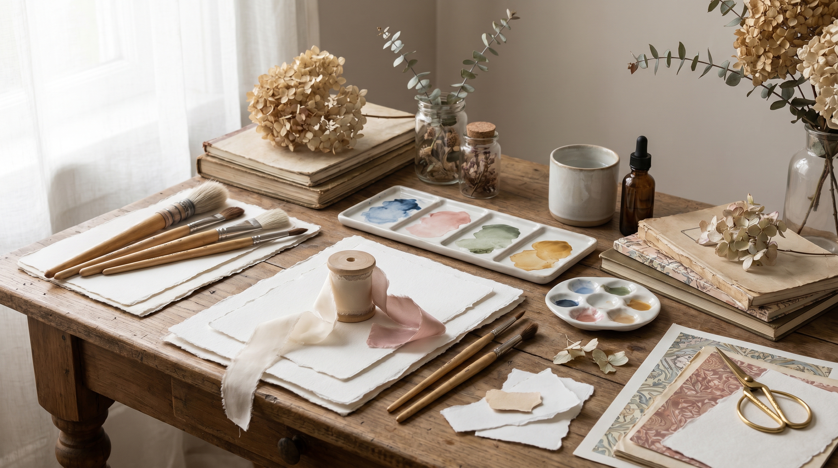Elegant watercolor desk scene with papers, brushes, florals, and creative supplies